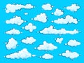 Painted cartoon clouds on blue background. Simple hand drawn round cloud, summer sky panorama, cloudscape. Flat design Royalty Free Stock Photo