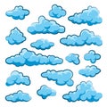 Painted cartoon clouds on blue background. Simple hand drawn round cloud, summer sky panorama, cloudscape. Flat design Royalty Free Stock Photo