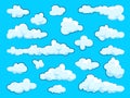 Painted cartoon clouds on blue background. Simple hand drawn round cloud, summer sky panorama, cloudscape. Flat design Royalty Free Stock Photo