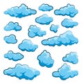 Painted cartoon clouds on blue background. Simple hand drawn round cloud, summer sky panorama, cloudscape. Flat design Royalty Free Stock Photo