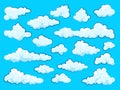 Painted cartoon clouds on blue background. Simple hand drawn round cloud, summer sky panorama, cloudscape. Flat design Royalty Free Stock Photo