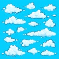 Painted cartoon clouds on blue background. Simple hand drawn round cloud, summer sky panorama, cloudscape. Flat design Royalty Free Stock Photo