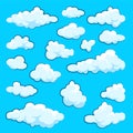 Painted cartoon clouds on blue background. Simple hand drawn round cloud, summer sky panorama, cloudscape. Flat design Royalty Free Stock Photo