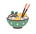 Painted ceramic bowl of Japanese noodle soup served with chopsticks. Ramen dish with meat, mushrooms and greenery