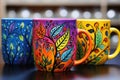 painted ceramic mugs with vibrant colors