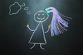 Painted with chalk girl with pigtails thinking on blackboard Royalty Free Stock Photo