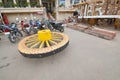 Painted chariot wheel at puri odisha india