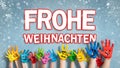 Painted children hands with smileys with `Merry christmas ` message in German Royalty Free Stock Photo