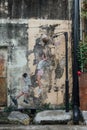 Painted Children Play Basketball on The Concrete Wall fro The Street of George Town. Penang, Malaysia