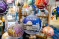 Painted Christmas decorative glass balls for sale at the gift store. Germany