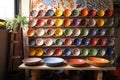 painted clay plates and bowls on a drying rack