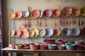 painted clay plates and bowls on a drying rack