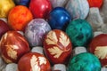 Painted colorful Easter eggs are in the cells in the box. Background. Royalty Free Stock Photo