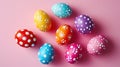 painted colorful Easter eggs on a pastel pink background, banner Royalty Free Stock Photo