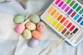 Painted colorful Easter eggs that are painted with watercolor paint. Easter card Royalty Free Stock Photo