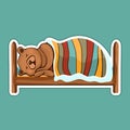 Painted cute funny brown bear in hibernation lying on the bed covered with blanket and sleeping sticker, colorful hand drawing