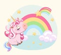 Painted cute pink baby unicorn dreaming looking rainbow and star. Cartoon style drawing.