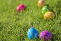 Painted decorated colorful Easter eggs in Fresh Green Grass with copy space, spring Happy Easter concept. Beautiful Royalty Free Stock Photo