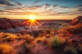 painted desert sunrise, with vibrant colors and warm light on the horizon Royalty Free Stock Photo