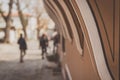 Painted details of the building`s facade. Selective focus, blurry background.