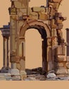 Painted dilapidated stone arch of ancient ruins