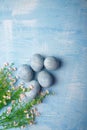 Painted Easter eggs on blue background with pink flowers. Spring holiday symbol. Top view, copy space. Vertical shot Royalty Free Stock Photo