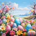 painted easter eggs on blurred Festive blue background with flowers. holiday celebration and happy Easter concept. Royalty Free Stock Photo