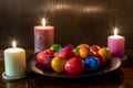 Painted Easter eggs and candles, multicolored, vintage