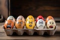 Painted Easter eggs in a cardboard with different facial comic expressions.