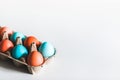 Painted easter eggs in carton box on white background. Trendy blue and red color Royalty Free Stock Photo