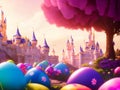 Painted Easter Eggs in Front of a Fairy Tale Castle - AI Generated Illustration