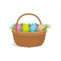 Painted Easter eggs and green grass in wicker basket. Spring holiday. Religious symbol. Flat vector design