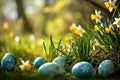 Painted Easter eggs in a meadow in green grass, with daffodils in bloom Royalty Free Stock Photo