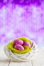 Painted Easter eggs in the nest and white wooden table on abstract background Royalty Free Stock Photo