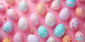 painted Easter eggs on a pastel pink background, banner Royalty Free Stock Photo