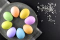 Painted Easter eggs on a plate on a black background.Happy Easter Royalty Free Stock Photo