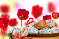 Painted Easter Eggs with Red Tulips Royalty Free Stock Photo