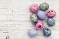 Painted easter eggs on rustic wooden background from above, vintage style Royalty Free Stock Photo