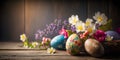 Painted easter eggs and spring flowers in a nest on rustic wood, sunny morning light Royalty Free Stock Photo