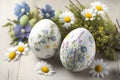 Painted Easter eggs with spring flowers on a white wooden table, Generative AI 3 Royalty Free Stock Photo