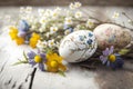 Painted Easter eggs with spring flowers on a white wooden table, Generative AI 2 Royalty Free Stock Photo