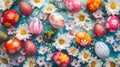 Painted Easter eggs and white flowers