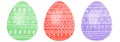 Painted Easter eggs with white hand-drawing ornament. Set of three. Red, purple, green eggs. Watercolor isolated elements on a Royalty Free Stock Photo