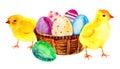 Painted Easter eggs in a wooden basket. Hand drawn watercolor il Royalty Free Stock Photo