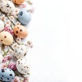 Painted Easter quail eggs and springtime flowers over white background. Spring holidays concept with copy space. Royalty Free Stock Photo