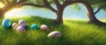 Painted egg laying in spring grass and flowers, easter border, banner flat vector illustration. Easter decoration Royalty Free Stock Photo