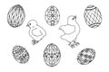 Painted eggs, chickens. easter vector stock illustration eps10. hand drawing. aut line