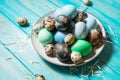 Painted eggs on plate, quail and chicken eggs, paint and brush on blue background, Easter decorations.