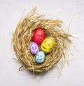 Painted with the faces of family members decorative eggs for Easter, in the nest wooden rustic background top view close up Royalty Free Stock Photo