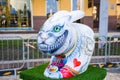 Painted figure of scary, terrible, hell, mad hare or rabbit with big sharp teeth and awesome smile as art installation for parade